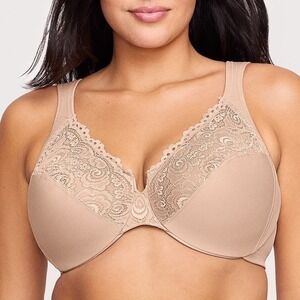 Glamorise Low Cut Wonderwire Lace Bra Women 34D Nude Nylon Stretch Full Coverage